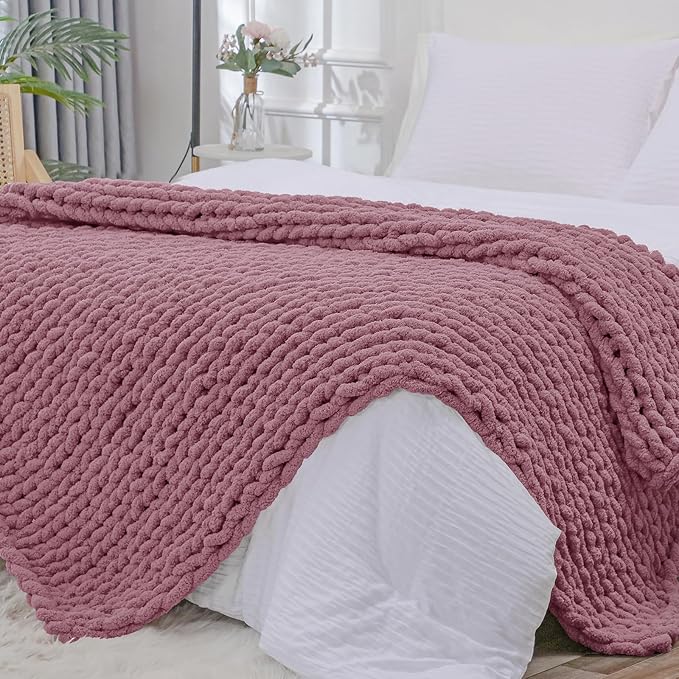 Bigacogo Chunky Knit Throw Blanket for Couch, 51x63 inches, Burnt Rose | Hand Knit with Jumbo Chenille, Soft Breathable Cable Knit for Sofa Bed Living Room, Machine Washable, Gift for Mom Friend