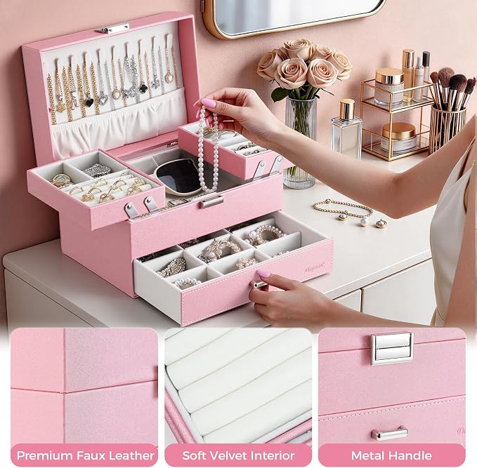 Jewelry Organizer Box, Large Jewelry Boxes for Women Girls, Space-Saving 3 Layers Jewelry Storage Case with Drawer, Gift Idea, Movable Metal Stand, Modern (Pink)