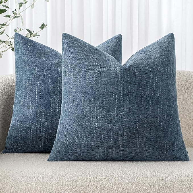 MIULEE Textured Chenille Throw Pillow Covers 20x20 Inch Smoke Blue | Pack of 2 Decorative Soft Throw Pillows, Solid Textured Cushion Covers, Modern Home Decor for Couch Sofa Bedroom Living Room