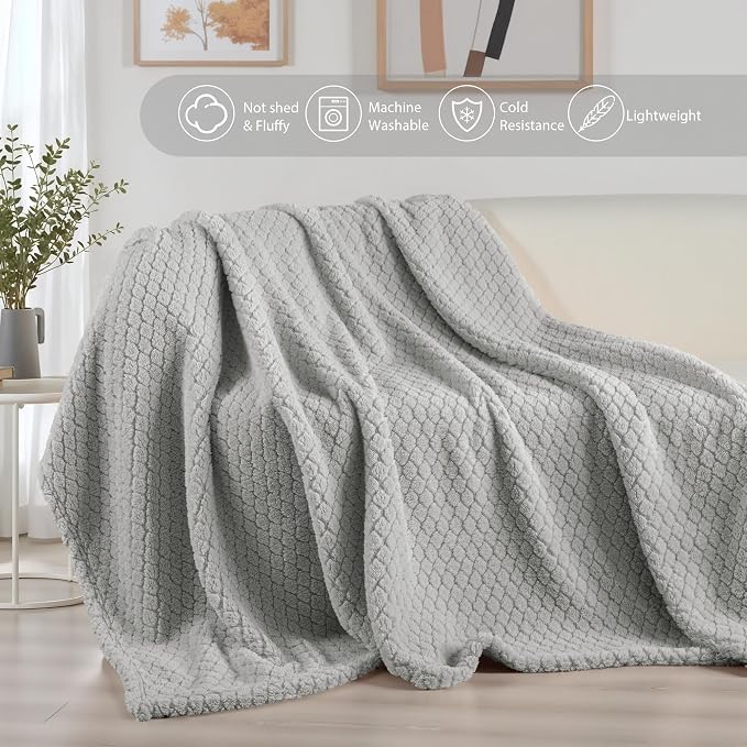 Exclusivo Mezcla Soft Fleece Throw Blanket for Couch, Light Grey | Jacquard Lightweight Cozy Throws for Bed, Sofa, Breathable Decorative Fuzzy Textured All Season Use, 50x60 Inches