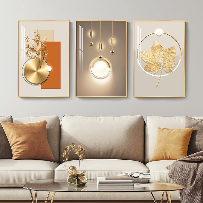 Framed Modern Luxury Gold Large Wall Art for Living Room, 3 Piece 16x24 In | Soild golden framed prints, Crystal coating wall paintings, Geometric wall art for bedroom dining room hallway