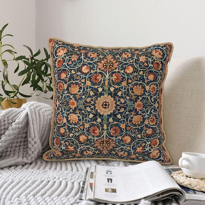 Floral Vintage Velvet Pillow Covers 16x16 In Orange Bohemian Tapestry Art Deco Throw Pillows for Couch Soft Durable Cushion Covers Pillowcase Antique Boho Flower Pillow Cases for Sofa Bed Living Room