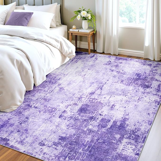 RELEANY Washable 4'x6' Abstract Area Rug for Living Room Purple | carpet for bedroom, kitchen, office, hallway and entryway, printed pattern, non-slip, soft, stain-resistant, easy to clean