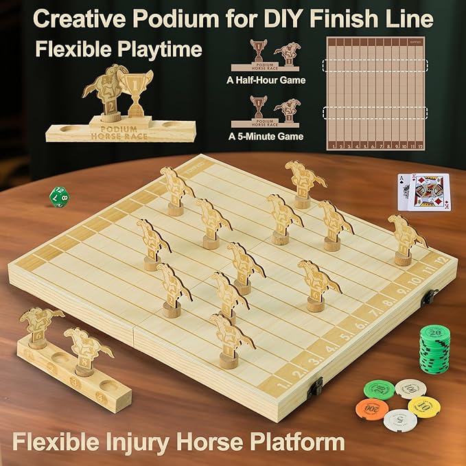 Horse Race Board Game, Magnetic Horse Racing Game with 100 Chips, 12 Magnet Wooden Horses, 2 D12 & 2 Cards, Thickened Solid Wood Horse Game Set Luxury Board Games for Family Nights Party Gifts