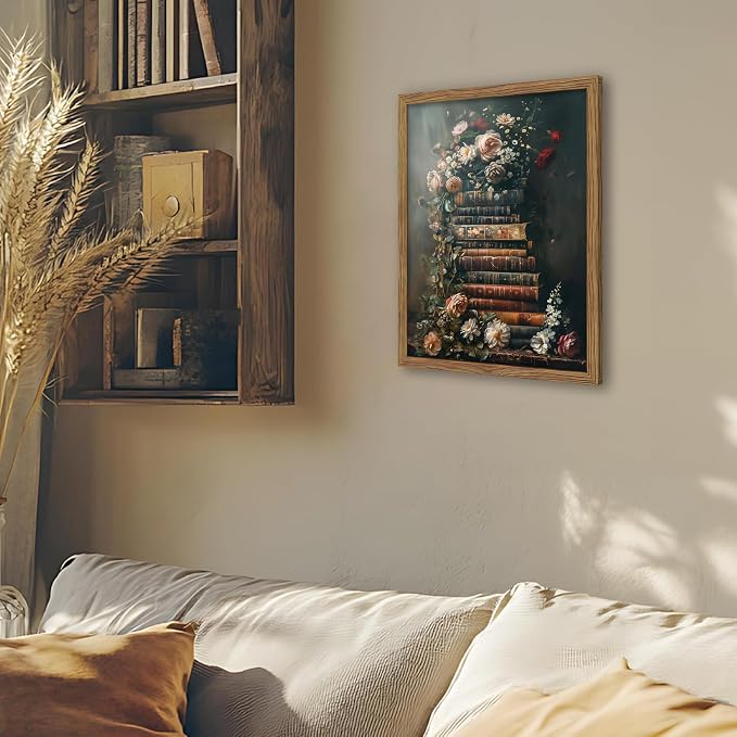 Vintage Framed Wall Art Flowers Books Canvas Prints, Dark Academia Wildflowers Oil Painting, Botanical Book Pictures Artwork for Living Room Bedroom Study – Dark Wooden Frame 16x24in