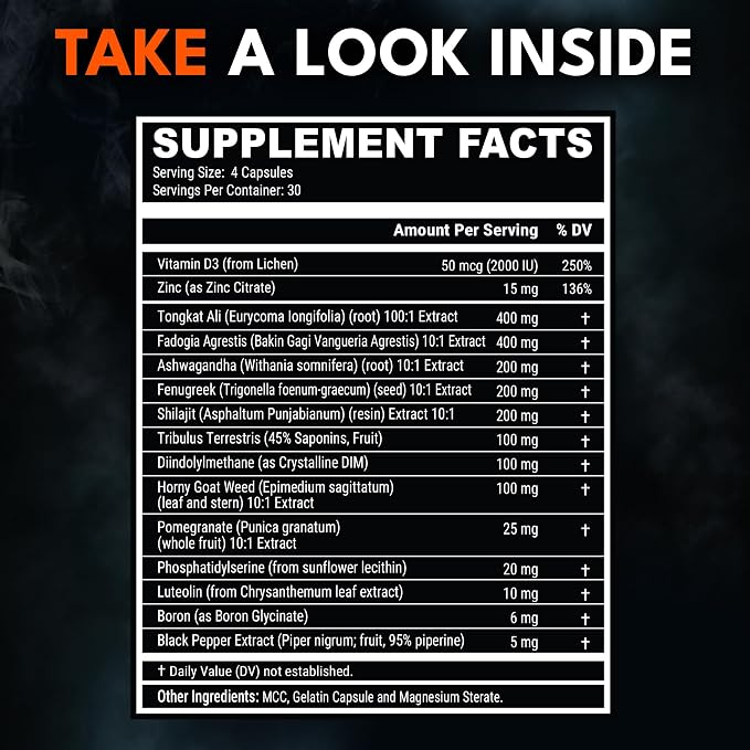 Advanced Testosterone Supplement for Men - 15-in-1 Natural Complex for Vitality, Energy & Strength with Tongkat Ali, Ashwagandha, Shilajit, Fenugreek - 1 Month Supply