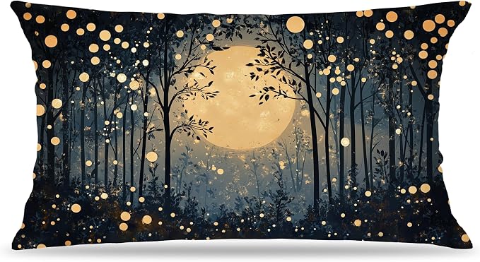 Vintage William Morris Inspired Gold Moon Pillow Covers 20x12,Rustic Black and Gold Forest Moon Botanical Nature Landscape Decorative Throw Pillow Covers for Home Bedroom Living Room