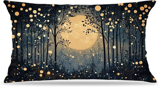 Vintage William Morris Inspired Gold Moon Pillow Covers 20x12,Rustic Black and Gold Forest Moon Botanical Nature Landscape Decorative Throw Pillow Covers for Home Bedroom Living Room