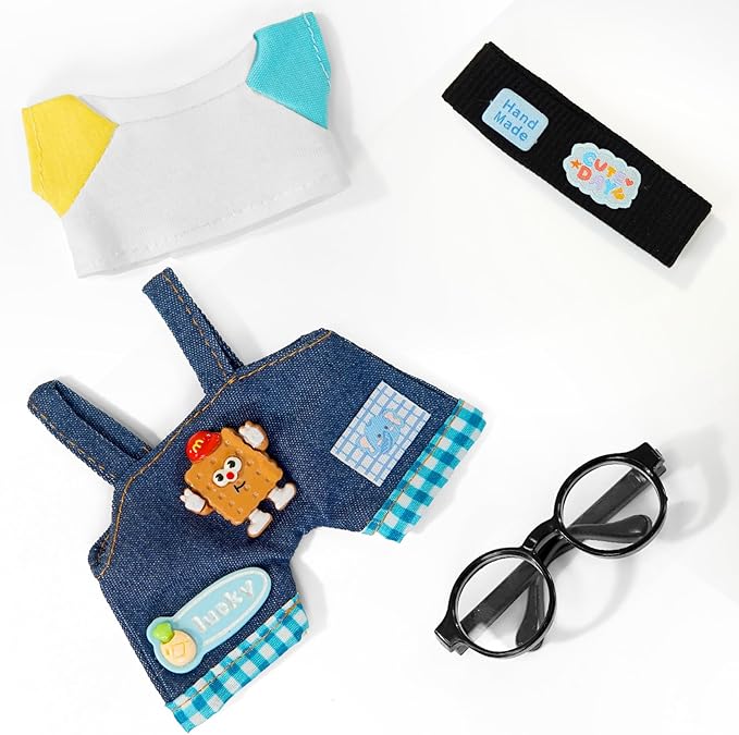 17cm Doll Clothes Set-Premuim Casual Style Outfit for Clothing & Accessories-Headband+T-Shirt+Overall+Glasses(No Doll)