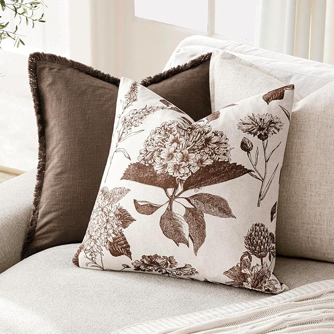 Foindtower Set of 2 Linen Floral Throw Pillow Covers Neutral Vintage Print Decorative Cushion Covers Farmhouse Boho Home Decor for Sofa Chair Couch Bedroom Living Room,18×18 Inch,Dark Brown