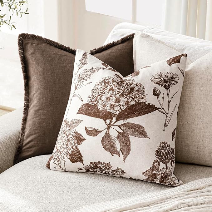 Foindtower Set of 2 Linen Floral Throw Pillow Covers Neutral Vintage Print Decorative Cushion Covers Farmhouse Boho Home Decor for Sofa Chair Couch Bedroom Living Room,20×20 Inch,Dark Brown