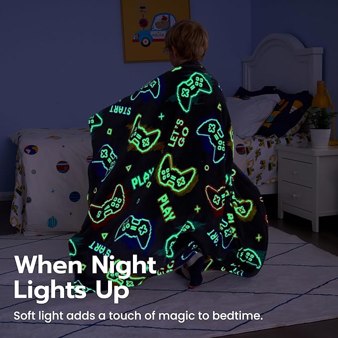 Joiedomi Glow in The Dark Gaming Blanket Gamer Gifts for Boys Age 2 3 4 5 6 7 8 9 10 11 12 Year Old, Soft Cozy Flannel Kids Throw Blanket, Birthday Bedroom Decor Grey 50"×60"