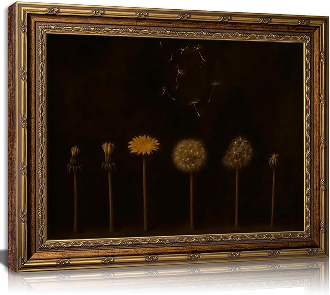 Vintage Gold Framed Dandelion Wall Art Moody Cottagecore Dandelion Painting Canvas Print Gothic Dark Plant Print Poster Wall Decor Botanical Nature Farmhouse Poster Artwork for Living Room Bedroom