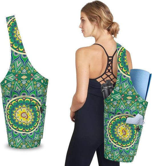 Mandala Yoga Mat Bag with Large Waterproof Zipper Pocket and Drawstring Pocket Long Tote Yoga Mat Carrier Holder Bags Fit Most Size Mats