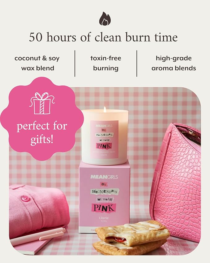 Literie Mean Girls Inspired Scented Candle: On Wednesdays We Wear Pink - Toasted Strawberry Strudel Scented, 9oz, 50 Hour Burn, Vegan Soy & Coconut Blend Candle for Home Decor, Gift for Women & Men