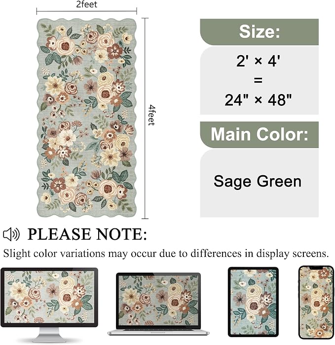 DUKINO 2x4 Rug for Entryway, Floral Washable Kitchen Rugs, Sage Green | Non Slip, Low Pile, Soft Throw Runner Rug for Hallway, Bedroom, Bathroom, Laundry, Pet Friendly, Home Decor, Stain Resistant