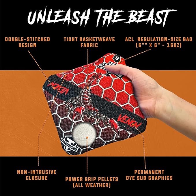 Titan Bags Venom Cornhole Bags - 6" x 6" ACL PRO Approved Cornhole Bean Bags for Tournaments - Versatile & Durable Regulation Cornhole Bags Ideal for Indoor/Outdoor Toss Sports & Games (4 Pack)