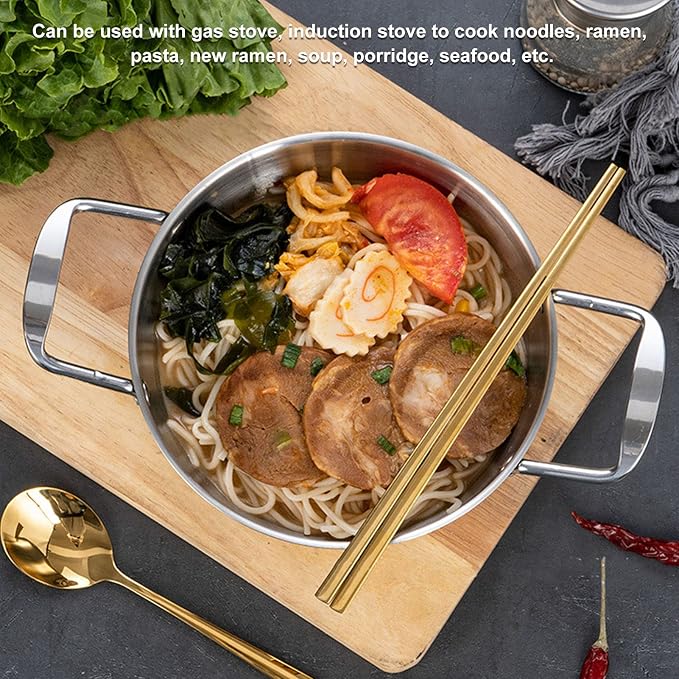 Korean Ramen Pot, 8.7 inch Stainless Steel Ramen Cooking Pot for Stove Top and Induction Cooktops, Lightweight Saucepan with Double Handles for Soup Noodle Pasta (22cm)