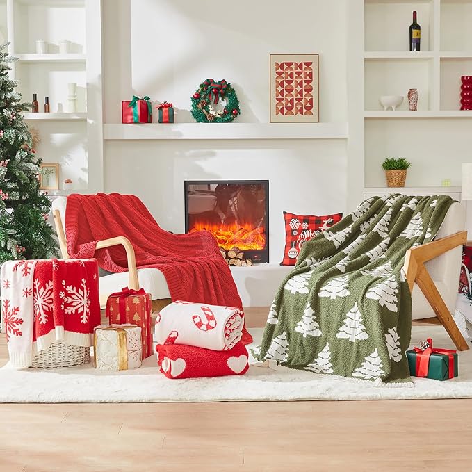 Douceur Christmas Red Throw Blanket for Bed, Soft Cozy Lightweight Stripe Pattern Knitted Throw Blanket for Sofa, Living Room Gift, 50"X60"