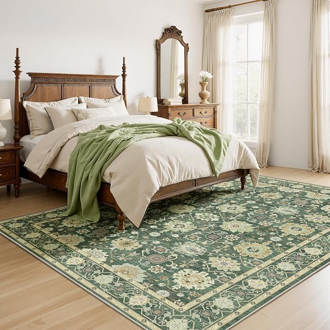 AMADA HOMEFURNISHING 8x10 Area Rug for Living Room, Vintage Washable Area Rug Low-Pile & Non-Slip Carpet for Bedroom Dining Room Nursery Home Office, Olive Green