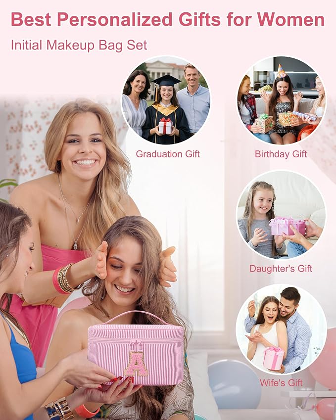 MONSTINA Monogram Cosmetic Bag with Brush Holder,Gifts for Girls Teen Girls-Initial Makeup Bag|Personalized Gifts for Women Friends|Cute Toiletry Make Up Traveling Stuff Organizer 2PCS Pink D