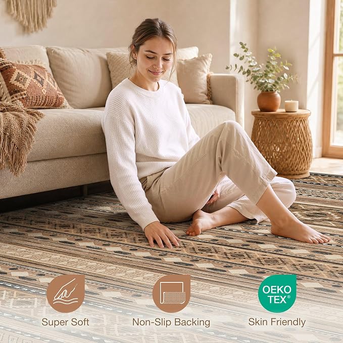 cotiled 8x10 Area Rugs Living Room Rug: Washable Boho Rugs with Non Slip Backing Large Soft Indoor Stain Resistant Carpet for Bedroom Farmhouse Dining Room Lightweight Home Decor Brown/Beige