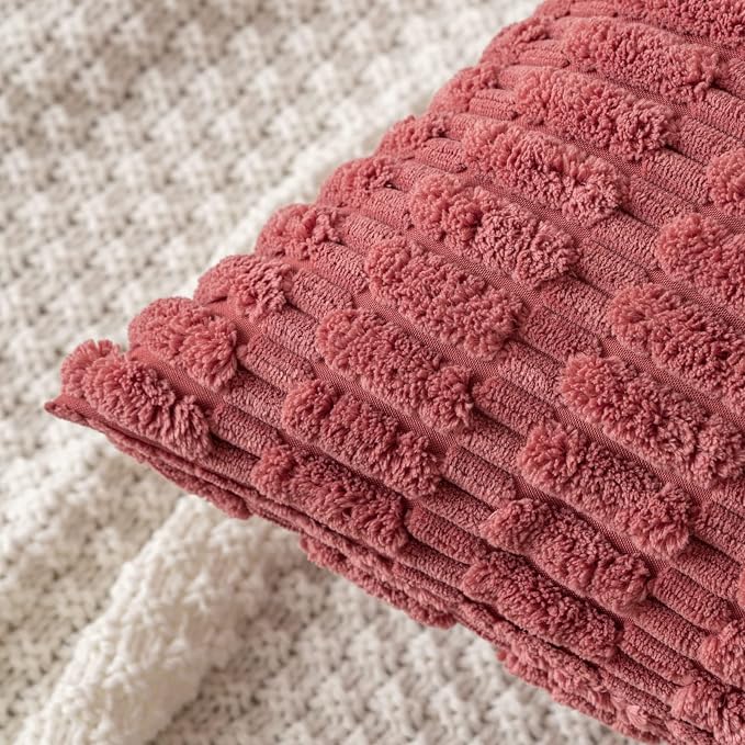 MIULEE Corduroy Decorative Throw Pillow Covers 18x18 Crimson Pack of 2 | Soft Boho Striped Pillow Covers Modern Farmhouse Home Decor For Sofa Living Room Couch Bed