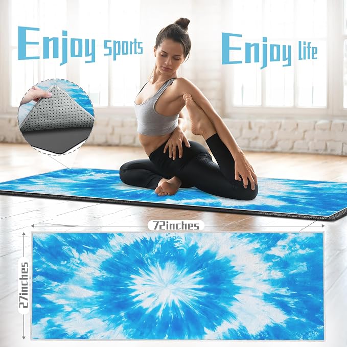 Yoga Mat Towel, Hot Yoga Towel High-Definition Pattern, Machine Washable with Ultra-Absorbent Yoga Towels for Hot Yoga Non Slip for Fitness, Exercise, Pilates, 72 x 27 in,Blue & White