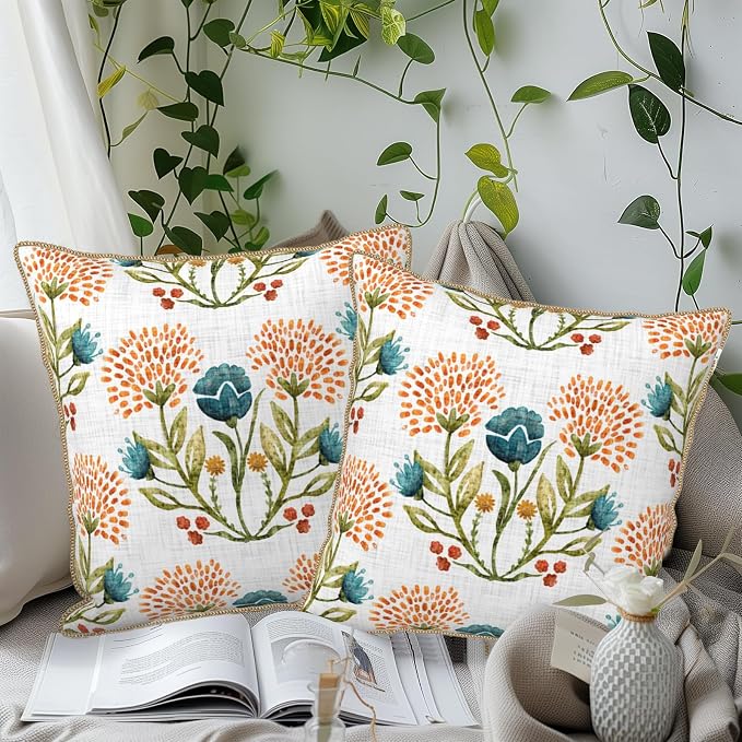 KSLIDS Floral Leaf Soft Velvet Throw Pillow Covers Set of 2 Orange Flowers Sage Green Leaves Decorative Pillow Covers 16x16 Inch Farmhouse Pillow Case for Sofa Couch Living Room Home Decor