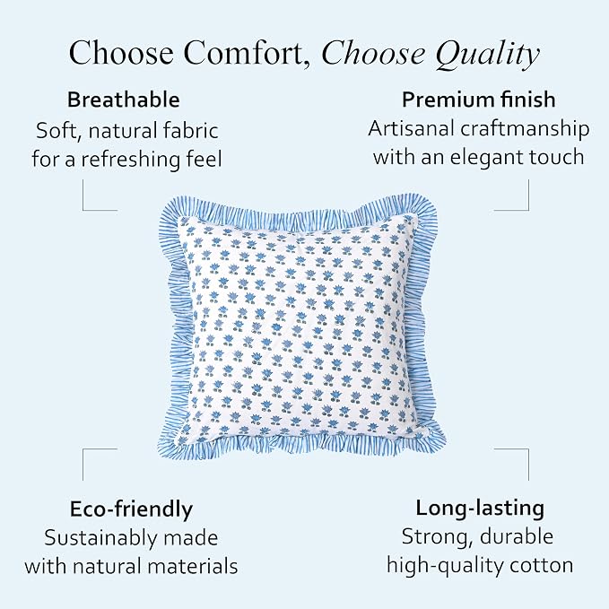 CPC Arctic Blue Hand Block Print 100% Cotton Ruffle Throw Pillow Cover 18x18 inch with Hidden Zipper Decorative for Couch, Bed, Sofa, Farmhouse, Cottagecore Decor Gift Christmas Fall Thanksgiving