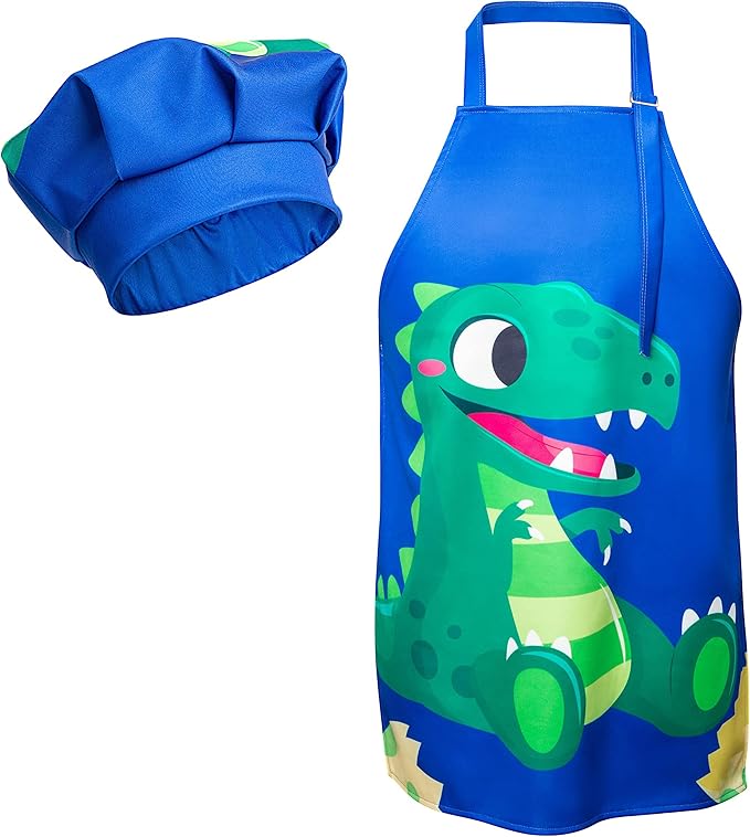 R HORSE 2 Pcs Kids Aprons Chef Hat Sets Adjustable Blue Cute Dinosaur Kitchen Aprons Cooking Baking Painting and Training Kits Dress up Role Play Chef Toy Kid Funny Cooking Gift New Year(3-5 Years)