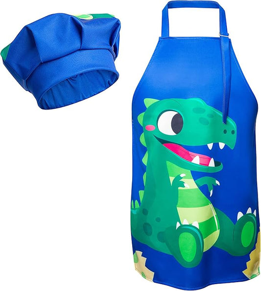 R HORSE 2 Pcs Kids Aprons Chef Hat Sets Adjustable Blue Cute Dinosaur Kitchen Aprons Cooking Baking Painting and Training Kits Dress up Role Play Chef Toy Kid Funny Cooking Gift New Year(3-5 Years)