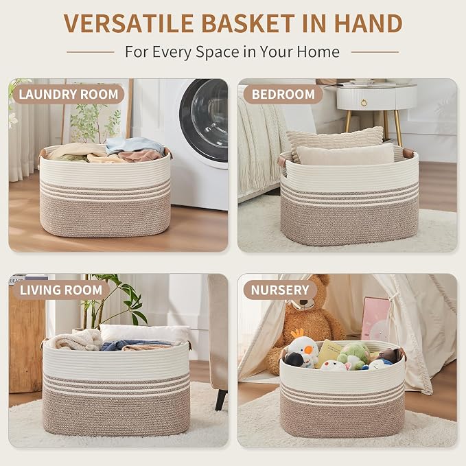 DOFASAYI Laundry Hamper with Handles, 72L Rope Laundry Basket, Light Brown | Cotton rope clothes hamper with leather handles holds blankets, pillows, toys and laundry in nursery, bedroom or living room