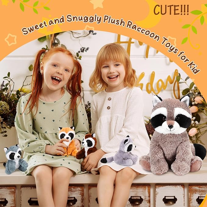 5 Pcs Raccoon Stuffed Animal Set Adorable Mommy Raccoon Plush with 4 Cute Babies in Tummy Soft Cuddly Plushie for Birthday Woodland Party Decor(Cuddly Style)