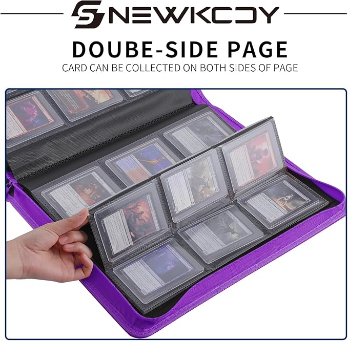 Snekdy Top loader Binder, 9 Pockets Top Loader，Holds 360 Top Loaders cards, Card binder with Sleeves for card in 3 x 4 inches color smooth Zipper PU Leather (Purple)