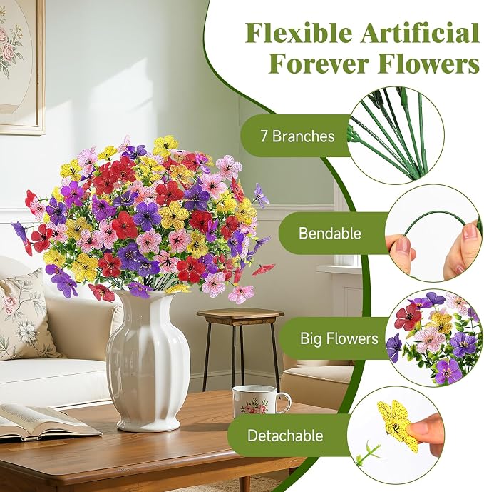 Alupssuc 20 Bundles Artificial Flowers for Outdoor Indoor Decoration | UV Resistant No Fade Fake Plants Eucalyptus, Colorful Faux Spring Flowers for Outside Yard Porch Patio Garden Home Window Box