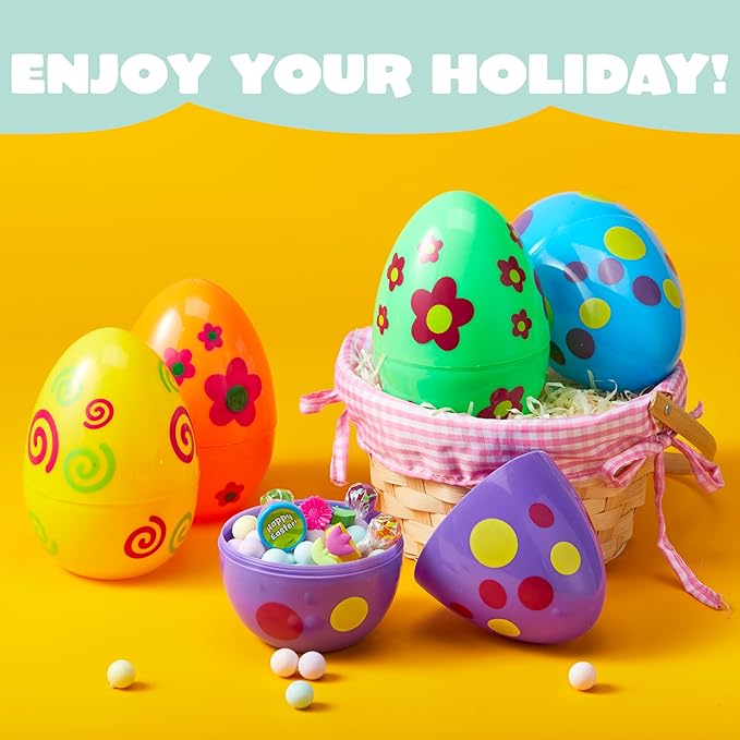 JOYIN 6 Pcs Large Printed Easter Eggs, 6 Inches Jumbo Plastic Eggs Fillable for Easter Themed Hunt Basket Stuffers Fillers Filling Treats Party Favor Classroom Prize Supplies