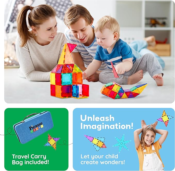 PicassoTiles Magnetic Tiles 101pcs Magnet Tile Building Blocks STEM Toy Set with Storage Case Educational Construction Kit for Kids Toddlers Boys Girls Age 3 Plus Travel Learning Carry Bin PB101