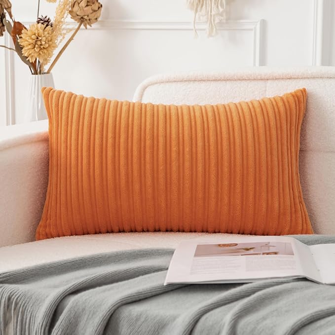 UGASA 12x24 Inch Pillow Cover Pack of 1 Soft Boho Stripe Corduroy Long Rectangle Lumbar Cushion Case Farmhouse Decorative Throw Pilowcase for Bed, Couch, Sofa, Bedroom, Living Room, Orange
