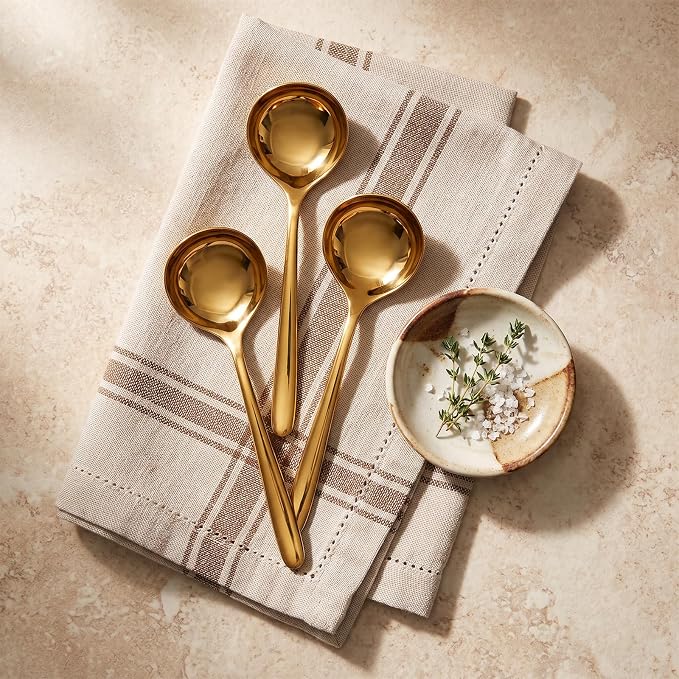 3PCS Gold Soup Spoons, 8.07 Inch Large Stainless Steel Spoons, 304 Stainless Steel Mirror Polished Dessert Spoons, Heavy Duty Metal Table Spoons for Soup, Cereal, Ice Cream, Dining & Kitchen Use