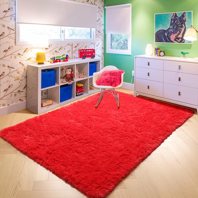 Amdrebio Red Fluffy Fuzzy Rug 5x8 for Boys Bedroom Living Room Classroom | Furry Soft Plush Shaggy Floor Carpet, Nursery Dorm Playroom Office Christmas Decor, Baby Toddler Kids Corner, Pop Aesthetic