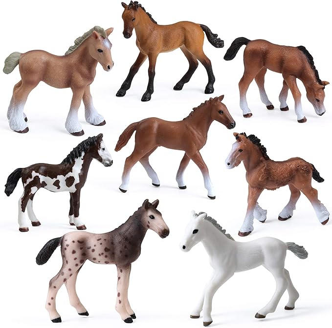 UANDME 8PCS Realistic Foal and Horse Figurines, Plastic Pony Toys for Girls and Boys, Horse Club Cake Topper and Party Decoration