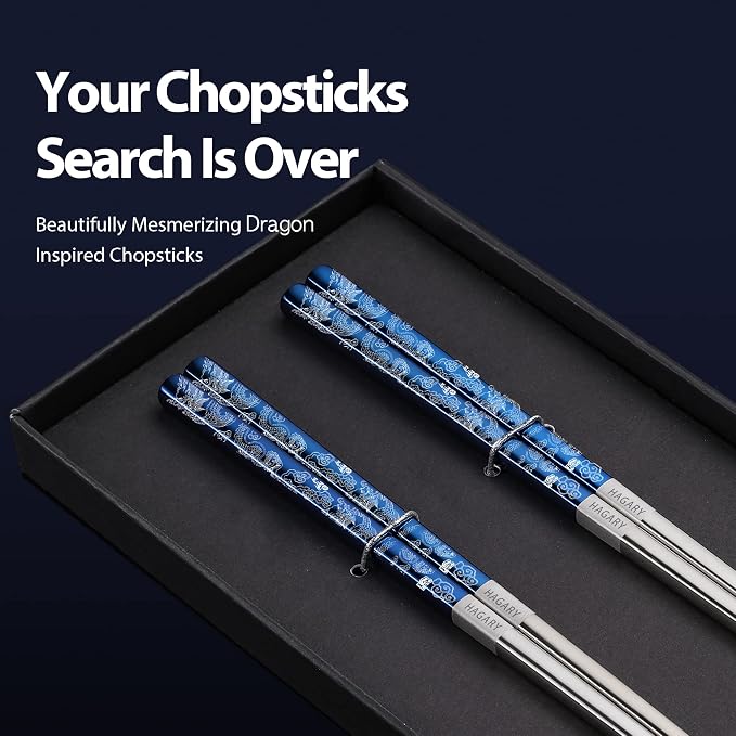 Hagary Dragon Chopsticks Metal Reusable Designed In Korea Japanese Style Stainless Steel 316 18/10 Non-Slip Dishwasher Safe Laser Etched (Blue - 2 Pairs)