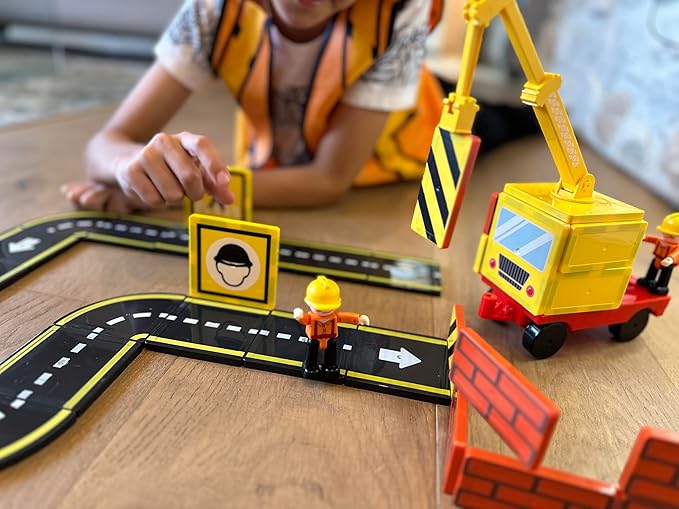 Magnetic Road & Construction Set with Crane – 36-Piece STEM Building Tiles for Kids Ages 3-7, Montessori Learning Toy with Workers & Car
