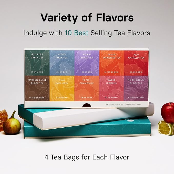 OSULLOC Premium Tea Collection (40 count, 10 flavors x 4 ea), Self Care Sampler Gift Box Variety Pack, Premium Organic Pure & Blended Tea from Jeju
