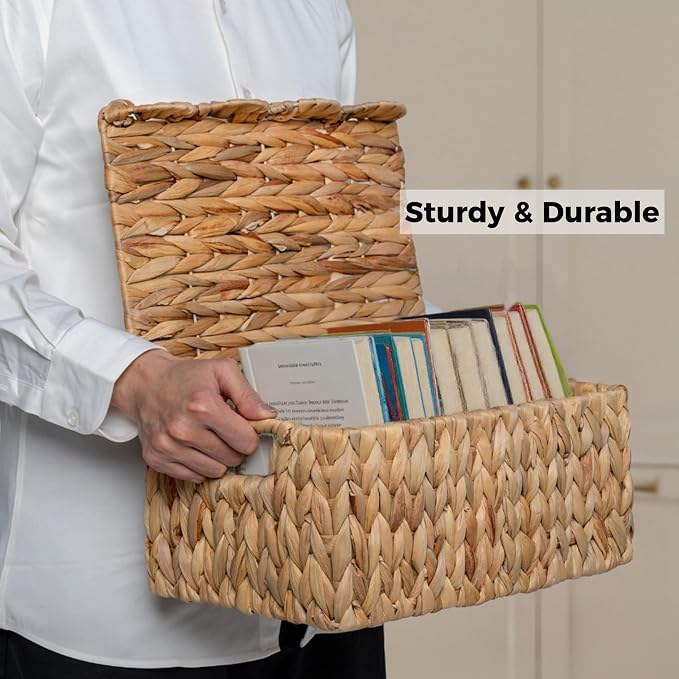 StorageWorks Wicker Basket with Scalloped Edge Lid, Handwoven Water Hyacinth Baskets for Bedroom, Living Room, 13" L x 9 ½" W x 6" H | Rattan Storage Baskets with Scalloped Edge, Basket with Lid Decorative Storage, Woven Wicker Basket for Living Room, ...