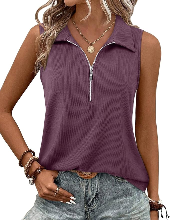 Vivilli Womens Ribbed Tank Top Zipper V Neck Dressy Casual Blouses Sleeveless Camisole Tops Work Tank Polo Shirts