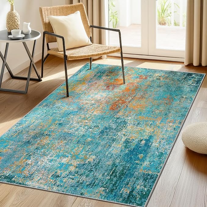 RELEANY Washable 3'x5' Abstract Area Rug for Living Room Teal Multi | carpet for bedroom, kitchen, office, hallway and entryway, printed pattern, non-slip, soft, stain-resistant, easy to clean