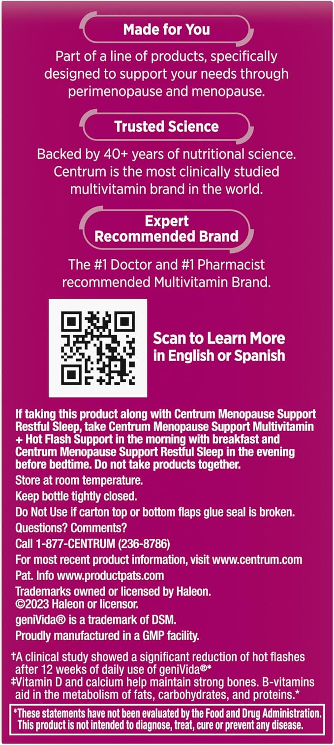 Centrum Complete Multivitamin Supplement + Hot Flash Support Menopause Support Tablets, with Clinically Studied geniVida, 30 Count