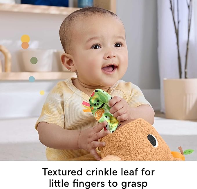 Fisher-Price Baby Sensory Toy Snuggly Snacky Capybara Plush with Newborn Teether & Rattle Activities for Infants Ages 3+ Months